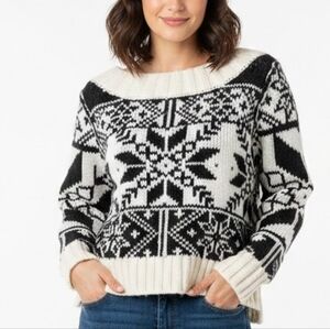 Free People Chunky Snowflake Wool Blend Sweater Oversized Black Ivory XS/S